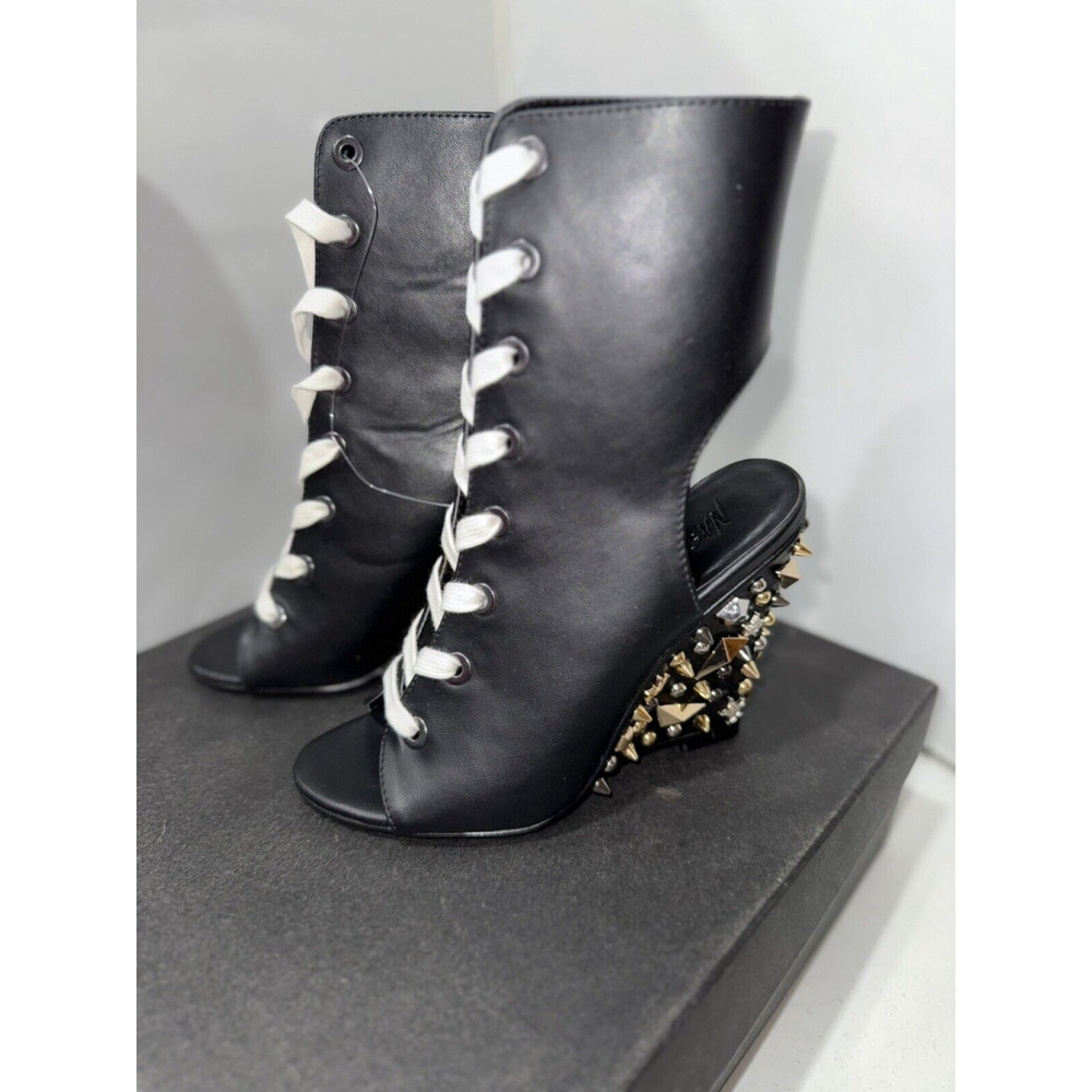New Nasty Gal Black Embellished Stud Wedge Booties Lace Up 6M